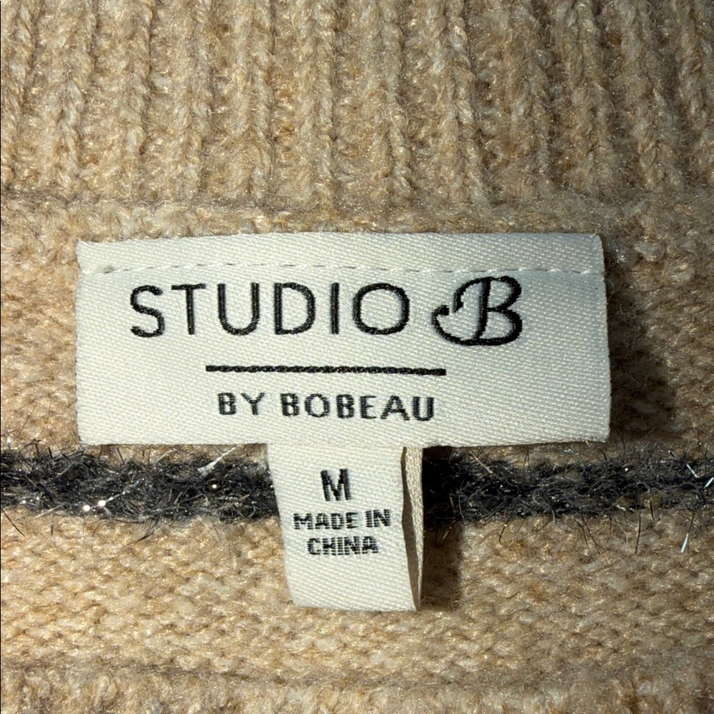 Studio B by Bobeau Tan Striped Sweater Eyelash Metallic Silver Trim Medium - Picture 3 of 8